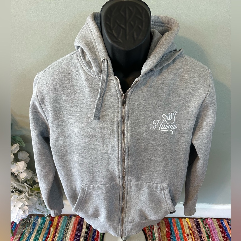 NEW Hawaii Hang loose Embroidered Hooded Sweatshirt Full Zip Gray Small